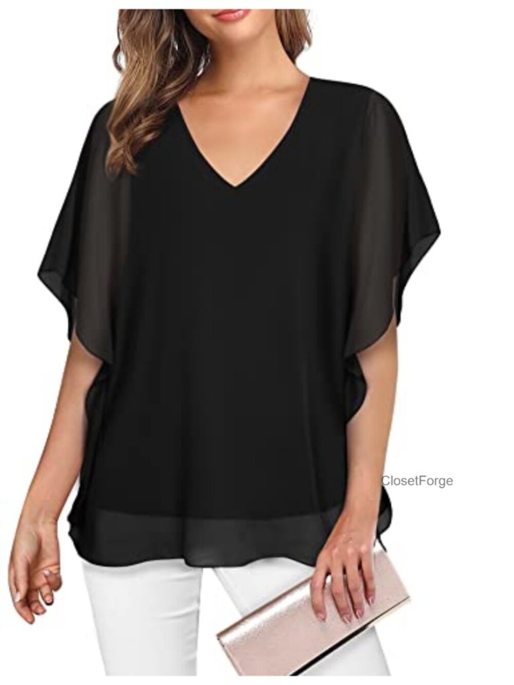 Lotusmile Women's Loose Flouncing Flutter Sleeve Double-Layered Chiffon Tunic